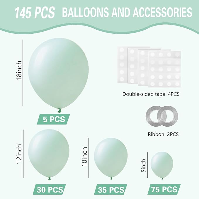 Pastel Green Balloons 145pcs Different Sizes 18 12 10 5 Inches Mint Green Latex - Image 2