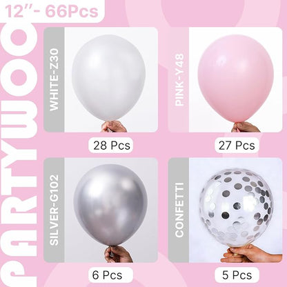 PartyWoo Pink White and Silver Balloons 66pcs 12 Inch Pink White Balloons | - Image 2