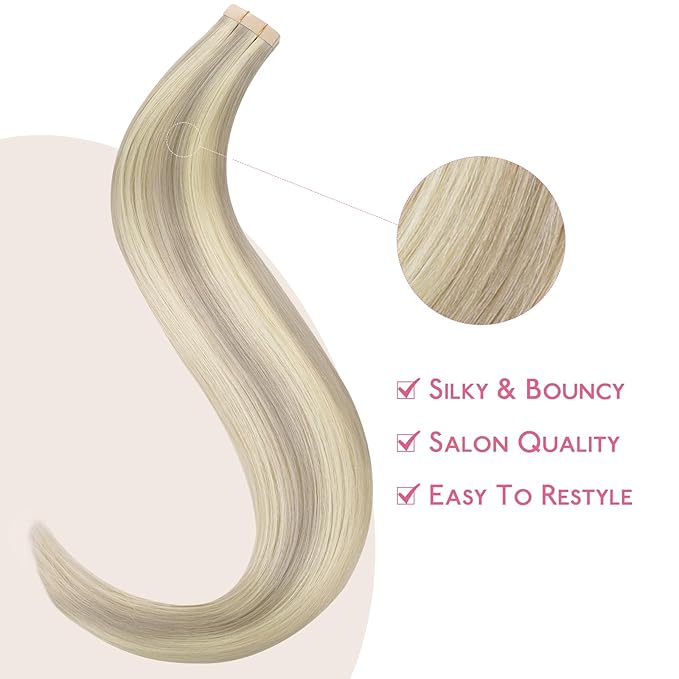 Wennalife Tape in Hair Extensions Human Hair Ash Blonde Highlighted Platinum Blonde Tape in Extensions, 10pcs 20g 10 inch Remy Invisible Tape Ins Straight Soft Real Human Hair Tape in Extensions