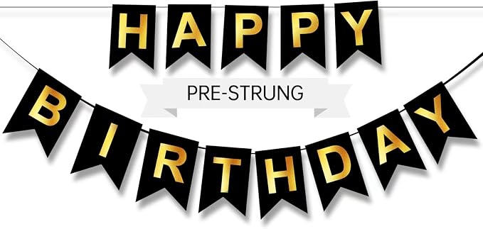 Happy Birthday Banner, Pre-Strung Black and Gold Party Decorations，16ft by ZgimiPartyHome