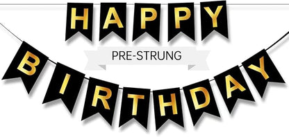 Happy Birthday Banner, Pre-Strung Black and Gold Party Decorations，16ft by ZgimiPartyHome