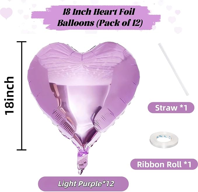 Purple Foil Heart Balloons, 18 Inch Light Purple Helium Heart Balloons - Image 2