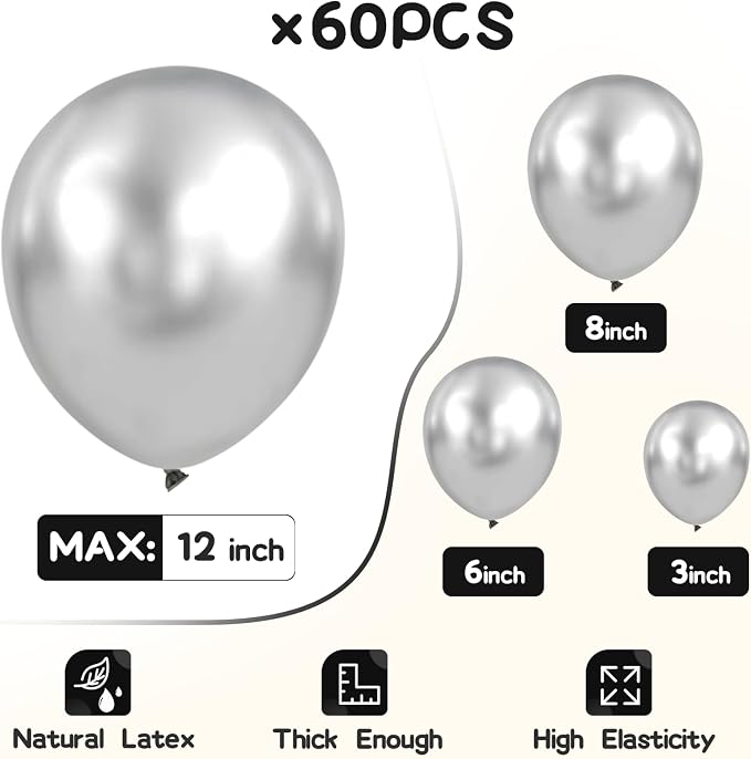 EMART Silver Balloons 12 Inch 60pcs, Latex Balloons - Image 3