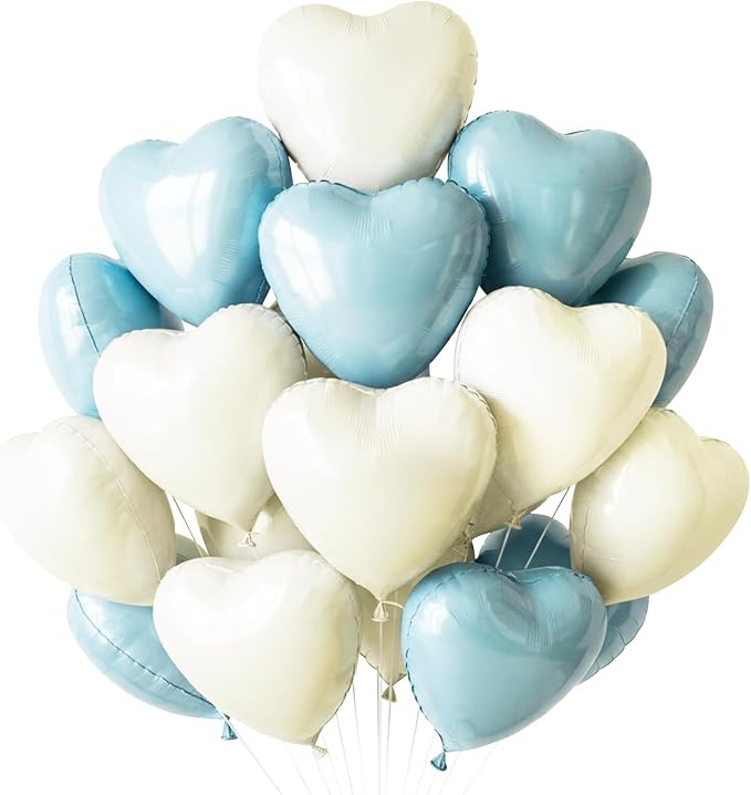 TONIFUL 30 Pcs 18 Inch Blue Cream White Heart Shape Foil Mylar Balloons | Soft by TONIFUL
