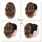 Ponytail Extension-12 Inch Drawstring Ponytail Hair Extensions for Women Synthetic Curly Wavy Fake Pony Tails Hair Pieces for Daily Party Use (Chestnut Brown Mix Golden Highlights)