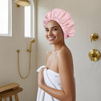 Reusable Shower Cap for Women, Large Waterproof Shower Essentials Bonnet Washable Elastic Band Bath Hair Wrap Hat for Long Hair, Braids(Pink&Beige)