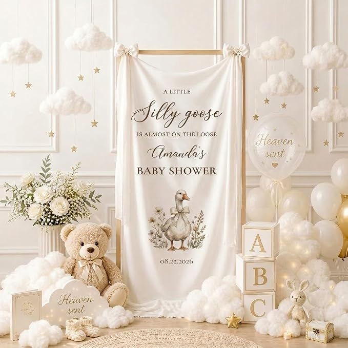 Personalized Silly Goose Baby Shower Fabric Sign Hello Baby Linen Backdrop1 | - Image 3