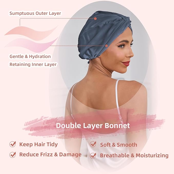 Adjustable Silk Satin Hair Bonnet for Sleeping Women, Double Layer, Silk Hair Wrap for Sleeping Women Men, Curly Natural Braid Straight Unisex - Slate Grey