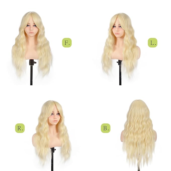 Long Blonde Wavy Wig with Curtain Bangs for Women 26 Inch Synthetic Wig Natural Looking Heat Resistant Fiber Wigs for Daily Party Halloween Cosplay Use