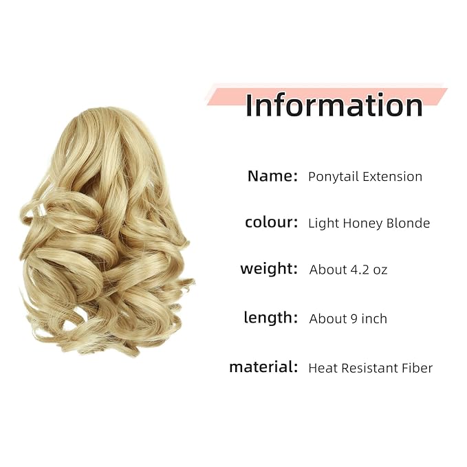 Ponytail Extension, Clip on Ponytails for Women, 9" Claw Clip in Short Curly Wavy Pony Hair Extension for Women - Light Honey Blonde