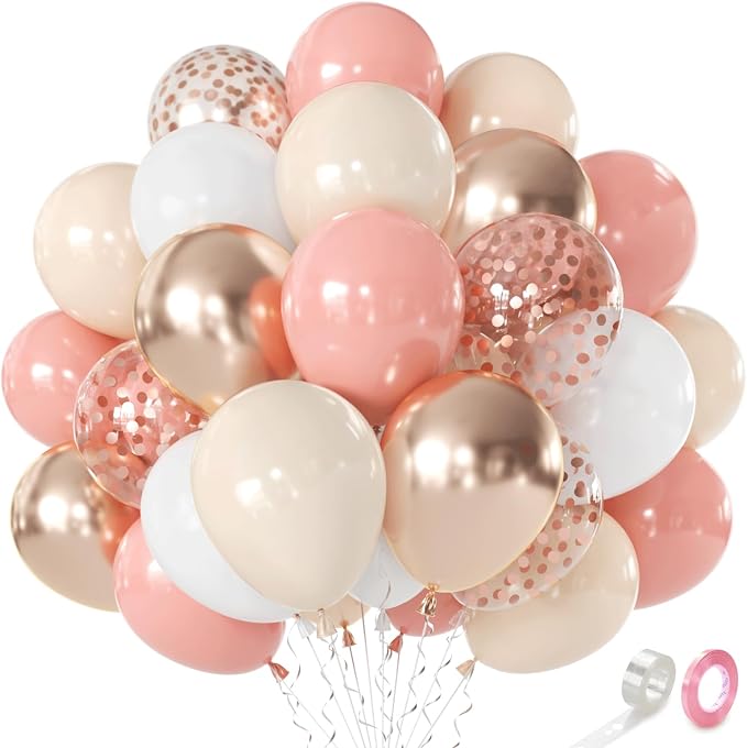 Retro Blush Pink Balloons, Light Pink White Beige Gold Confetti, Party | 50 Pcs by Kalyerparty