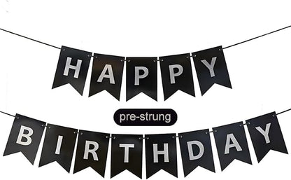 Black Happy Birthday Banner, Pre-Strung Black and Silver Birthday Party by ZgimiPartyHome