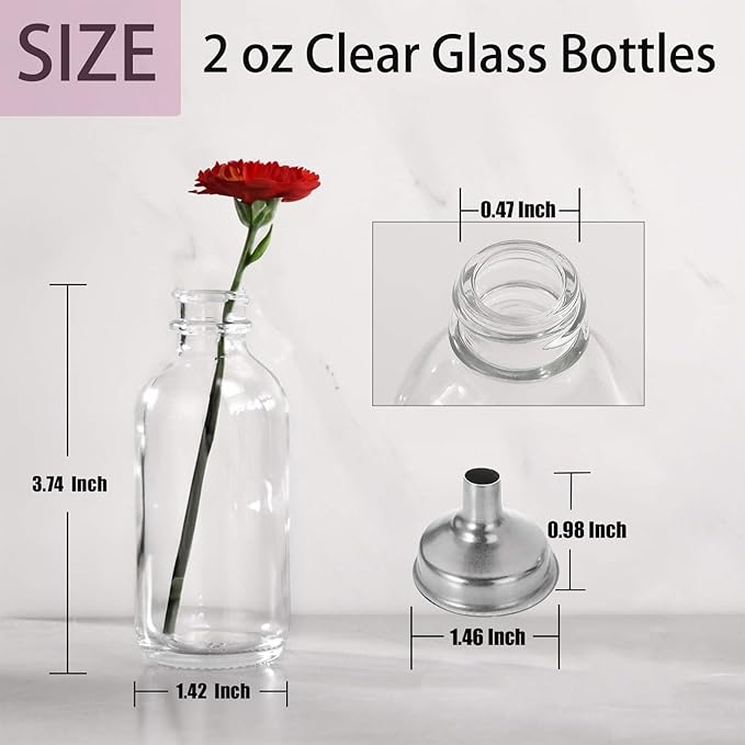 DIDITIME 24 Pack 2 oz Small Clear Glass Bottles with Lids & 4 Funnels - 60ml Boston Round Sample Bottles for Potion, Juice, Ginger Shots, Oils, Whiskey, Wellness Shots, Mini Travel Bottles