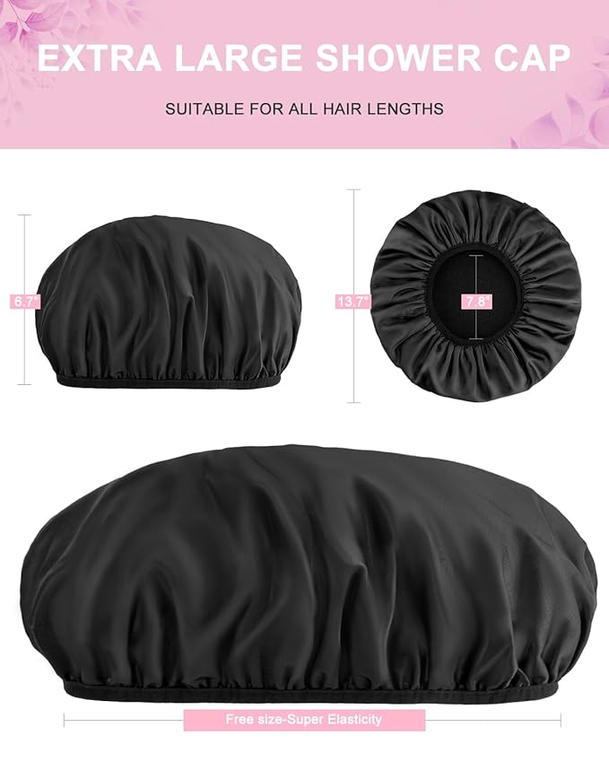 Aquior Shower Cap,Terry Lined Shower Cap for Women Reusable, Triple Layer Waterproof Bath Cap, Extra Large for Women Long Hair(Black)