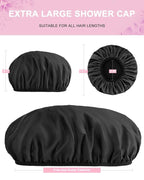 Aquior Shower Cap,Terry Lined Shower Cap for Women Reusable, Triple Layer Waterproof Bath Cap, Extra Large for Women Long Hair(Black)