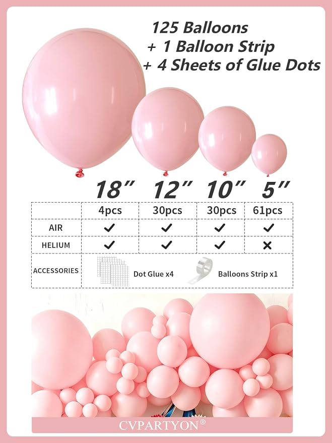 Pink Balloons 125 pcs Different Sizes of 8 12 10 5 Inch Pastel Baby Soft Pink - Image 3