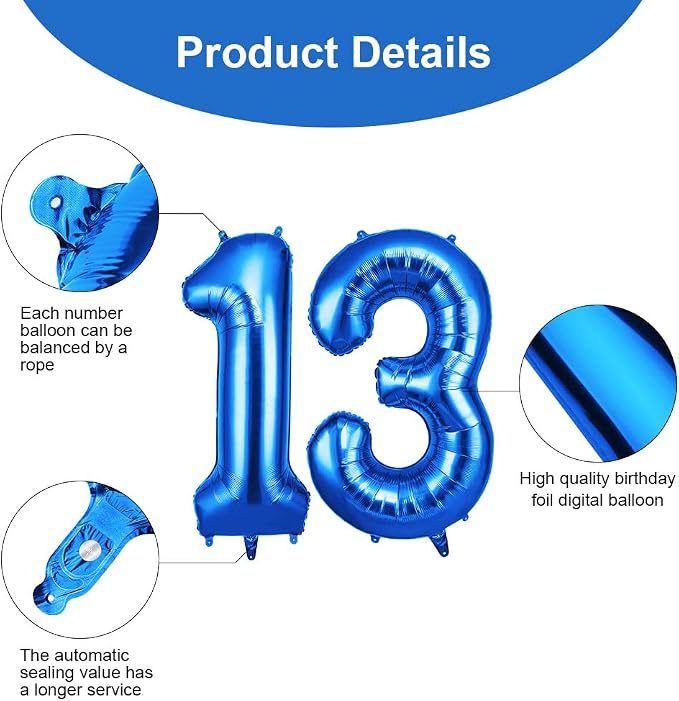 OFFCUP Helium Balloons, 40 Inches Number Balloons 13, Foil Balloons Birthday - Image 3