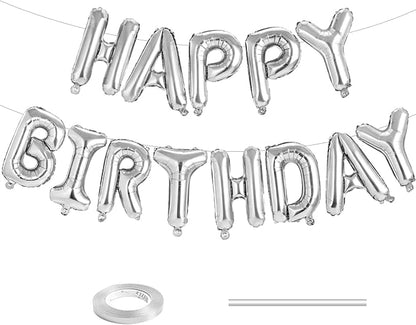 Silver Happy Birthday Balloons Banner, 16 Inch Silver Letters Aluminum Foil by BSRESIN