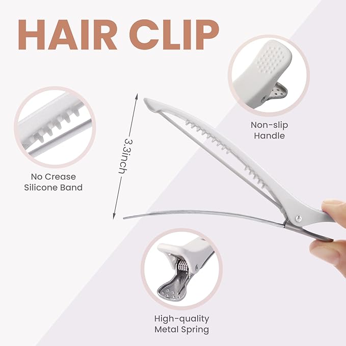 Hair Clips for Styling - 6 pcs No Crease Hair Clips for Women - Non Slip Duck Billed Hair Roller Clips with Silicone Band - Salon Hair Sectioning Clips Black White