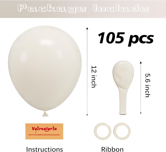 Voircoloria 105pcs Sand White Party Latex Balloons, 12inch | - Image 2