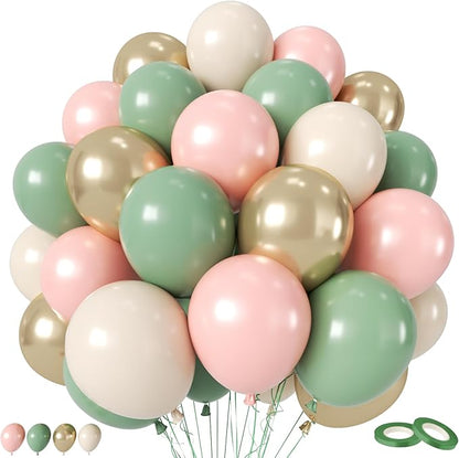 Sage Green Pink Balloon, 60 Packs 12 Inch Olive Green Pink Balloon by Togvu