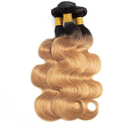 1b/27 Human Hair Bundles Ombre Blonde Body Wave Bundle Brazilian Virgin Remy Hair 3 Bundles 12 14 16 Inch 2 Tone Honey Blonde and Black Bundle Double Weft Hair Weave 150g