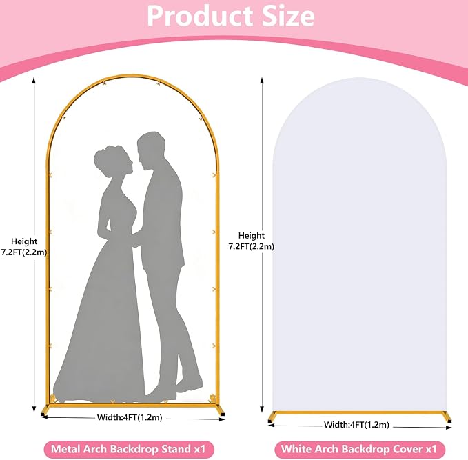 Metal Arch Backdrop Stand and Cover Set, 7.2FT Gold Wedding Backdrop Arch Frame - Image 2