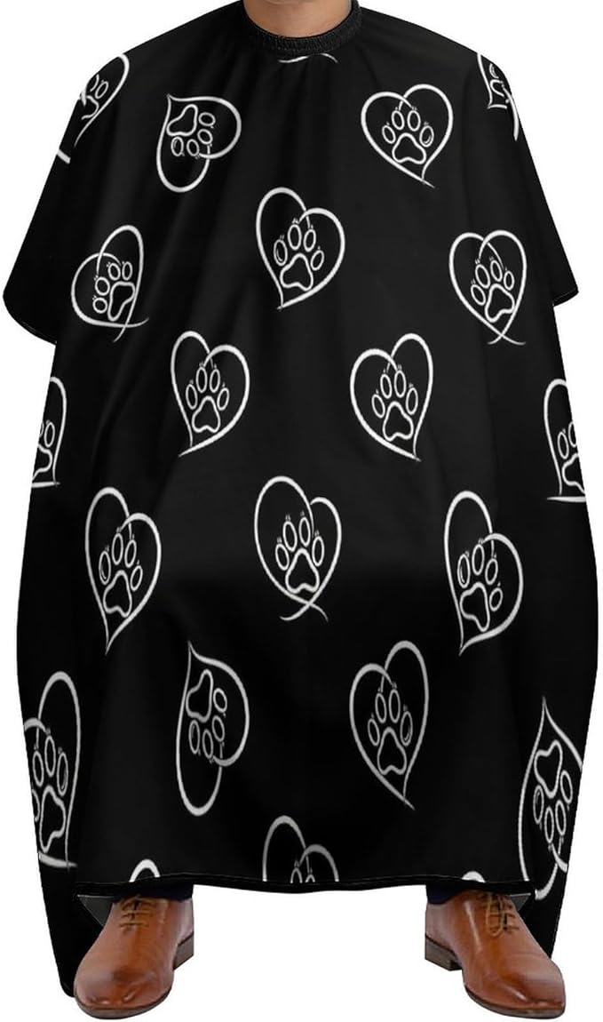 Large Long Hair Cutting Cape, Salon Apron Cat Dog Paw Prints Heart Black Haircuting Salon Cape Gown for Hair Cutting Styling