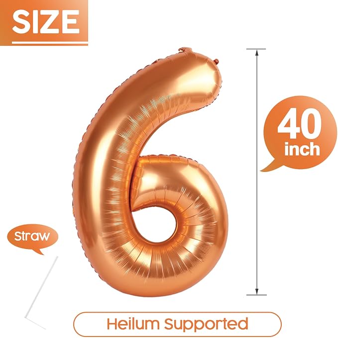 6 Balloon - Orange Birthday Number Balloons, 40 Inch Decorations Men Women | - Image 5