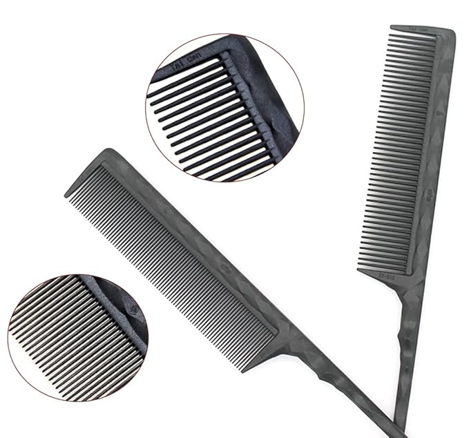 PERFEHAIR Heat Resistant Rat Tail Combs for Flat Iron Straightening, 2 Pieces Carbon Fiber Anti Static Styling Combs for Women, Fine and Wide Teeth, Black