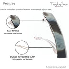 French Amie Oblong Handmade 3.5" Celluloid Automatic Hair Clip Barrette French Hair Clip for Girls Strong Hold Hair Clips for Women No Slip Durable Paris Hair Accessories, Made in France (Ivory Black)