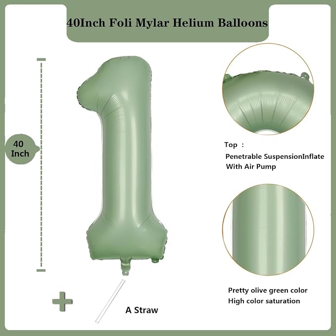 40 Inch Green Number 1 Balloon Olive Green Foil Balloons Sage Green 1 Balloons - Image 2