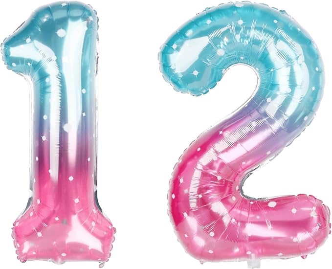 40 Inch Blue Pink Number 12 Balloon, Ombre Foil Tween Birthday Party Decor | by Unknown