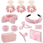 Spa Headband and Wristband Set Top Knotted Headbands Big Hair Claw Clips Butterfly Hair Accessories Satin Silk Scrunchies Quilted Makeup Bag Blank Cards Gift Box Gifts for Women and Teen Girl Gifts