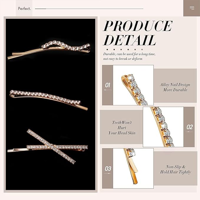 16 Pieces Rhinestone Bobby Pins, Fancy Metal Hair Clips, Crystal Shiny Barrettes, I S X Shaped Diamond Hair Accessories for Women Girls Wedding Prom Party (Gold)