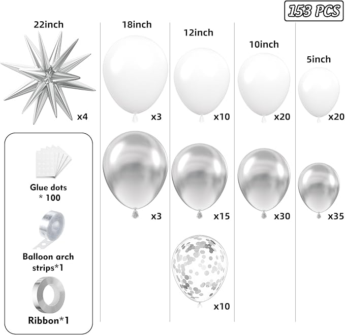 153Pcs White and Silver Balloons Garland Arch Kit - Image 2