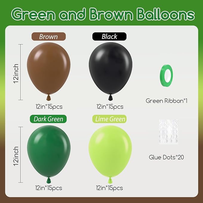 60pcs Green and Brown Balloons 12inch - Image 2