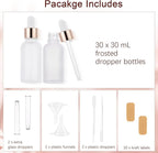 30 Pack 30ml Frosted Glass Dropper Bottles for Essential Oils, 1oz Eye Dropper Bottles with Rose Golden Caps for Travel, Small Empty Glass Tincture Vials with Droppers, Funnels & 30 Labels