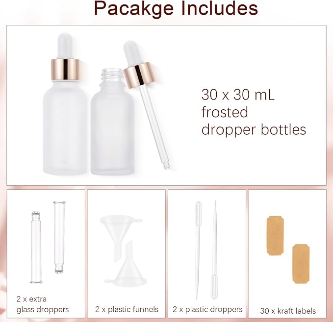 30 Pack 30ml Frosted Glass Dropper Bottles for Essential Oils, 1oz Eye Dropper Bottles with Rose Golden Caps for Travel, Small Empty Glass Tincture Vials with Droppers, Funnels & 30 Labels