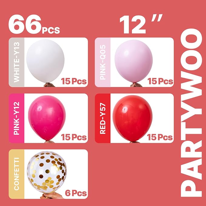 PartyWoo Pink Red and White Balloons 65pcs Hot Baby Pink White Red Balloons | - Image 2
