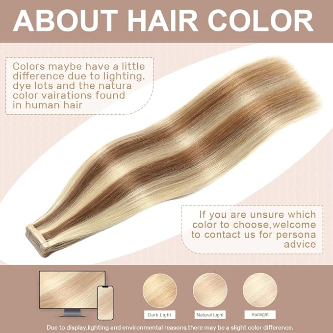 Tape in Hair Extensions Human Hair 16 Inch 20pcs Invisible Tape ins Hair Extensions Real Human Hair Chestnut Brown Highlighted Bleach Blonde Remy Seamless Injected Tape Extensions