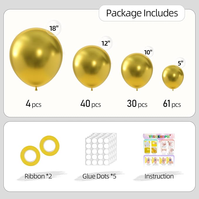 135pcs Metallic Gold Balloons Arch Kit Different Sizes of 18 12 10 5 Inch Gold - Image 2