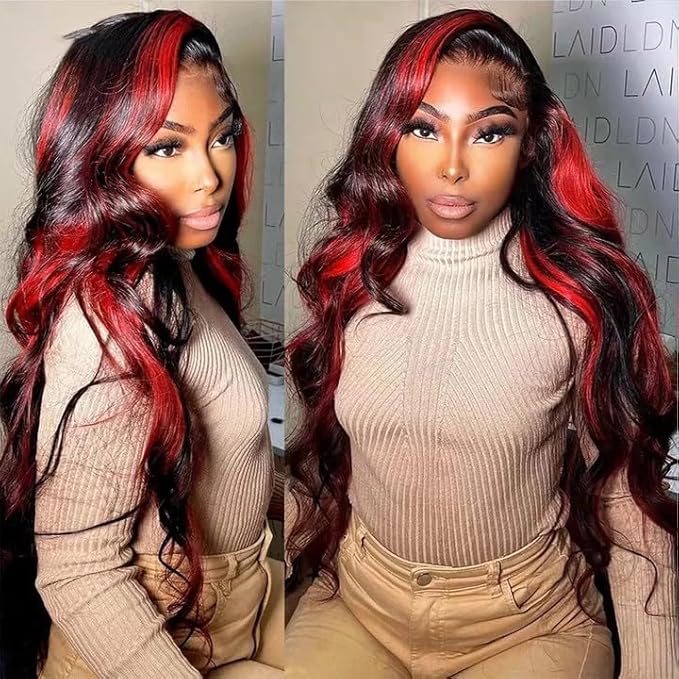 24 26 28 Inch Highlight Bundles Human Hair Red Body Wave Bundles Niegmeag 2 Tone Black and Burgundy Body Wave Bundle Brazilian Virgin Remy Hair Extensions