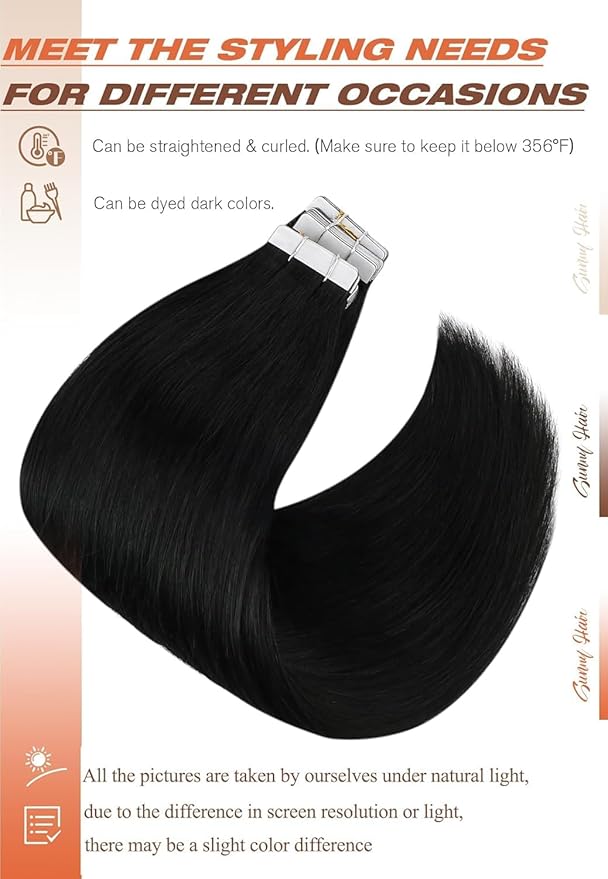 Sunny Hair Tape in Hair Extensions Human Hair 18inch Hair Extensions Real Human Hair Tape in Extensions for Women Jet Black Invisible Remy Hair Natural Straight Skin Weft Double Sided Tapes 20Pcs 50g