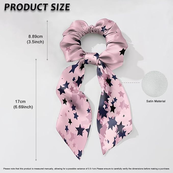 Pack of 2 Star Knotted Bow Hair Scrunchies Elastic Hair Scarf Green Pink Ribbon Scrunchies with Long Tails Stylish Silky Scrunchy Decor