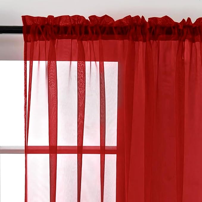 SpaceDresser Basic Rod Pocket Sheer Voile Window Curtain Panels Christmas Red 1 - Image 4