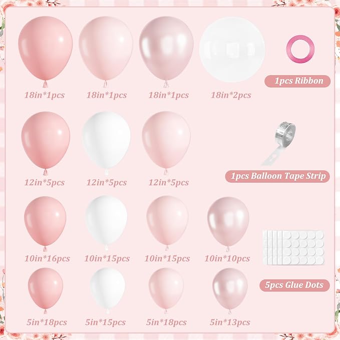 152Pcs Pink Balloons Arch Garland Kit Different Size | Light Pink and White - Image 2