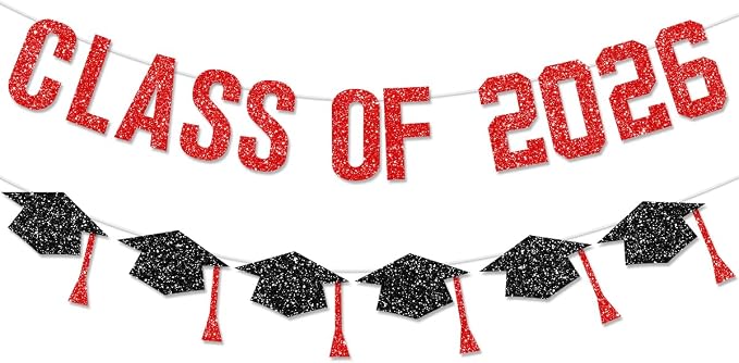 Pre Strung Graduation Decorations Class of 2026 Banner Red Glitter College by FHGG