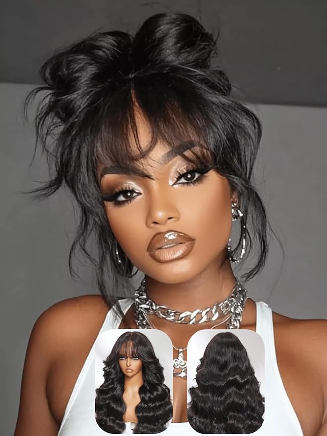 Julia Hair Bye Bye Knots Curtain Bangs Wig Glueless Fluffy Natural Loose Wave Pre Cut 7x5 HD Lace Front Wigs Invisible Pre Plucked Pre Everything Body Wave Put on and Go Wig for Women 26 Inch