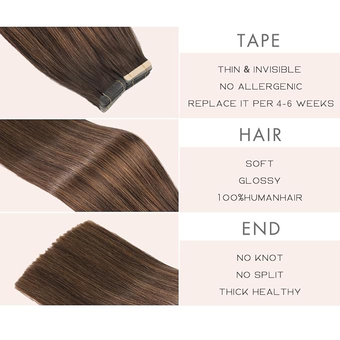 Tape in Hair Extensions Real Human Hair 24 Inch Balayage Dark Brown Mixed Chestnut Brown Double Sided Skin Weft Hair Extension Invisible Tape in Hair Extensions for Women 20pcs (2/2/6#,24 Inch)